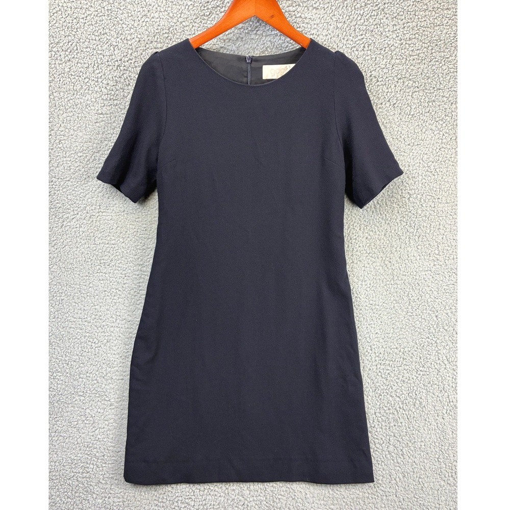 Goat Crepe Wool Short Sleeve Shift Dress Womens Size 6 Navy Blue Premium Luxury